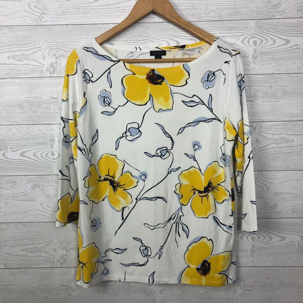 Ann Taylor Women's Medium Floral Print Top 3/4 Sleeve Boat Neck Yellow White